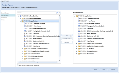 partial project export: selection step